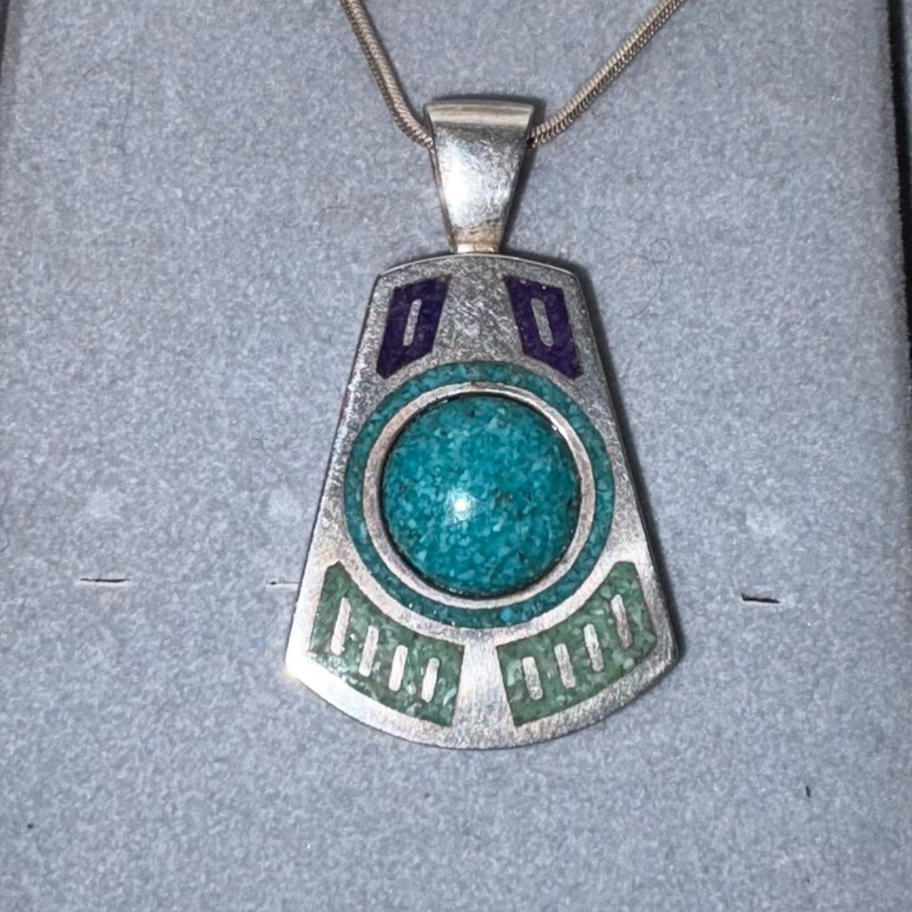 VTG RARE Sterling Silver 925 CCO Native American Turquoise Inlay Pendant 1.75